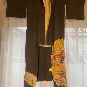 Ancient authentic, Traditional Brown & yellowGold Embroidered Long Kimono Jacket